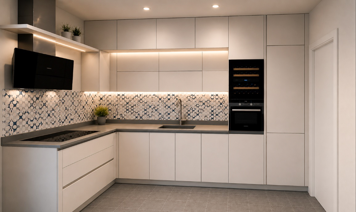 Render di progetto della cucina, vista d'insieme